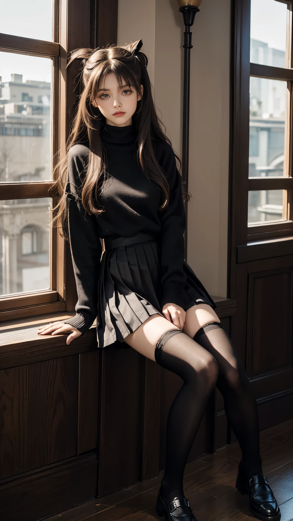 1girl,tohsaka rin,long hair,thighhighs,solo,skirt,black thighhighs,shoes,sitting,blue eyes,two side up,arm support,zettai ryouiki,black skirt,artist name,long sleeves,black hair,pleated skirt,indoors,bed,ribbon,hair ribbon,looking at viewer,turtleneck,shirt,brown hair,curtains,long legs,miniskirt,black footwear,sweater,leaning back,bangs,red sweater,sunlight,loafers,lips,window,