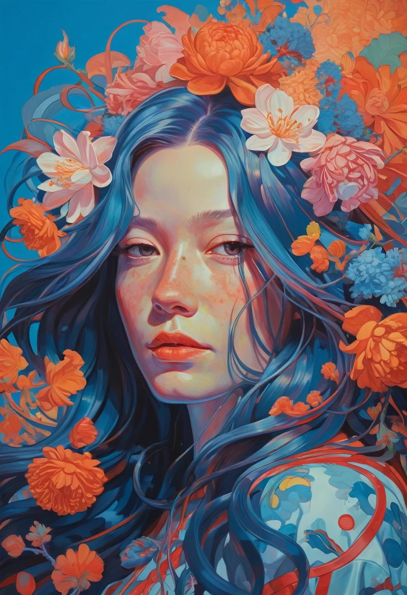 Painting of a woman with long hair and flowers, Front facing、Ultra-fine paintings inspired by James Jean, Reddit, neo-fauvism, James Jean and Petra Cortright, James Jean Mark, JamesJean」, James Jean Andrey Ryabovitchev, Kilian Eng: Vibrant colors, James Jean Soft Light 4K, Kilian Eng: Vibrant colors
