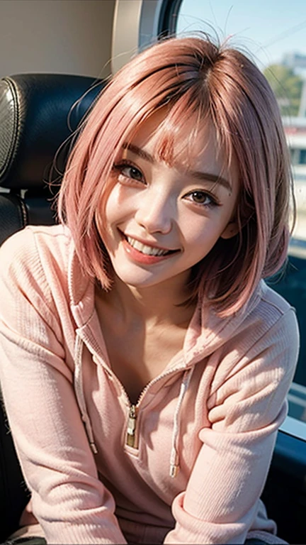 highest quality, masterpiece, Ultra-high resolution, (Realistic:1.4), (Close-up portrait) RAW Photos, 1 girl,23 years old,((I'm showing my teeth and smiling)),((Big smile)),((Inside the Shinkansen)),((look up)),((Random cute poses)),,((Passionate pink haired girl )),((White oversized hoodie)),Short Bob Hair、((Cap Chestnut)),((Short bangs)),Realistic,Image Media Chest)),