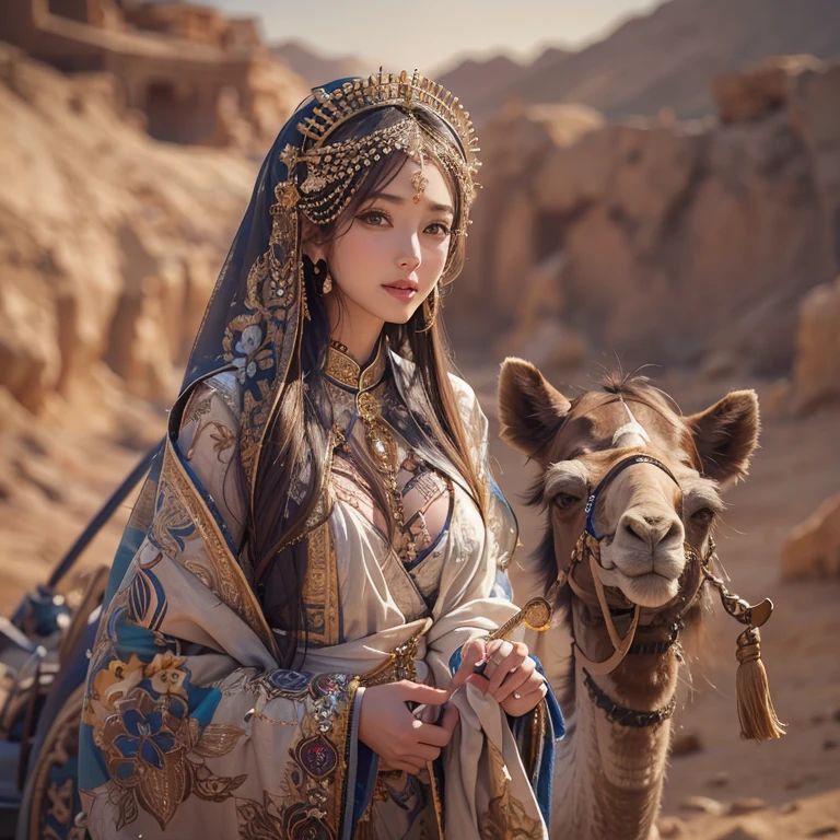 Hiding in the desert、Hair Flow、 ((Highest quality、masterpiece、8k、Best image quality、Ultra-high resolution、Award-winning works)、(Accurate anatomy:1.1)、(Look at me and smile:1.1)、Shining fair skin with Ultra-high resolution、The most detailed face、Ultra-high resolution detailed face、Ultra-high resolutionの髪の毛、(Ultra-high resolutionの煌めく瞳:1.1)、Beautiful face drawn in every detail、(Blurred Background:1.1)、Ancient Islamic clothing, Chest to chest, tattoo, Old ruins in the background、ride on the camel
