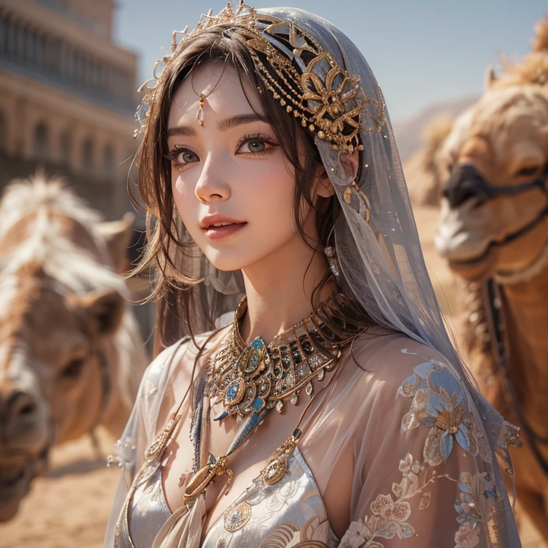 Hiding in the desert、Hair Flow、 ((Highest quality、masterpiece、8k、Best image quality、Ultra-high resolution、Award-winning works)、(Accurate anatomy:1.1)、(Look at me and smile:1.1)、Shining fair skin with Ultra-high resolution、The most detailed face、Ultra-high resolution detailed face、Ultra-high resolutionの髪の毛、(Ultra-high resolutionの煌めく瞳:1.1)、Beautiful face drawn in every detail、(Blurred Background:1.1)、Ancient Islamic clothing, Chest to chest, tattoo, Old ruins in the background、ride on the camel