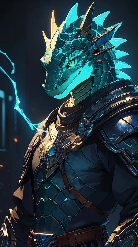 man, The skin on the head appears scaly, typical of a reptile. The scales are small and uniform, providing a rough texture. The eyes are large and shine with intense cyan light, which could indicate night vision or some special ability. There are luminous lines that run across the face, probably integrated into a mask or helmet that complements the natural structure of the face. Torso armor has a smooth, metallic appearance, with clearly defined panels. Luminous areas have a translucent finish that emits a soft glow. The armor&#39;s pectorals are well outlined, with edges that highlight light areas. The materials appear to be a mix of metal and some advanced synthetic compound that provides both protection and flexibility.. The armor on the arms has a combination of smooth surfaces and raised details, like small plates and raised edges. The gauntlets have a rougher texture, possibly to improve grip. The left arm has a built-in device that emits cyan light, with fine and precise details that suggest high technology. The claws on the hands have a sharp and shiny finish, similar to polished metal.  The armor in this area is thinner and more flexible, with textures that combine smooth parts and segmented sections to facilitate movement. The plates on the knees and shins have a matte finish, contrasting with the luminous details. The straps and buckles that secure the armor are detailed with small inscriptions or patterns, and emit a slight cyan glow. The joints are reinforced with flexible but resistant material. The skin on the tail is scaly and thick., with a robust texture. The scales are larger than those on the head, providing an even stronger appearance.  The tail has cyan light patterns that run along its length., probably indicating an internal energy system. male, body