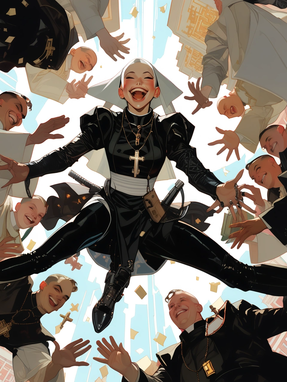 Overhead shot of a Nun in Black Cyberpunk leather, laughing, one hand reaching out toward the sky, surrounded by priests, style by J.C. Leyendecker