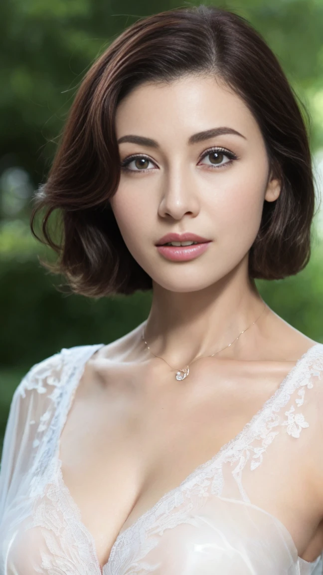 ((Best quality, 8k, Masterpiece :1.3)), Sharp focus :1.2, perfect figure beautiful woman:1.4, Slim abs:1.2, ((Layered Hair Style, real nipple, large tit:1.2)), (lace shirt:1.1, transparent lace bra), (parks:1.2), Highly detailed facial and skin texture, A detailed eye, double eyelid, necklace, fullbody