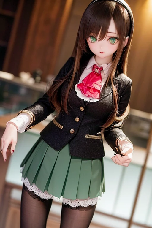 (SFW:2), photorealistic, realistic photo, 8k, ((highest quality)), ((masterpiece)), (extremely detailed), kukolnydom, doll, (mature woman, 21yo, 21 years old, solo:1.6), ((cowboy shot, standing, slim, slender, skinny, medium breasts, hairband, ascot, jacket, blouse, long puff sleeves, pleated skirt, black pantyhose)), (green eyes, brown hair, long hair, plastic skin, looking at another, glass eyes, gradient eyes, shining eyes, detailed eyes:1.3)