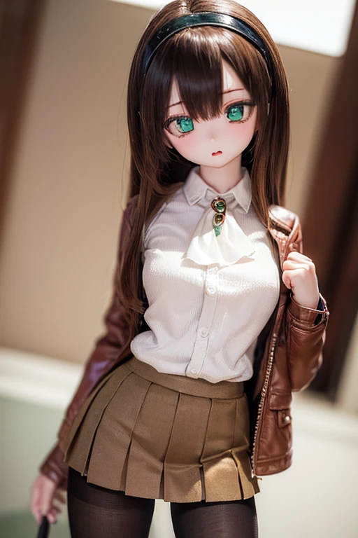 (SFW:2), photorealistic, realistic photo, 8k, ((highest quality)), ((masterpiece)), (extremely detailed), kukolnydom, doll, (mature woman, 21yo, 21 years old, solo:1.6), ((cowboy shot, standing, slim, slender, skinny, medium breasts, hairband, ascot, jacket, blouse, long puff sleeves, pleated skirt, black pantyhose)), (green eyes, brown hair, long hair, plastic skin, looking at another, glass eyes, gradient eyes, shining eyes, detailed eyes:1.3)
