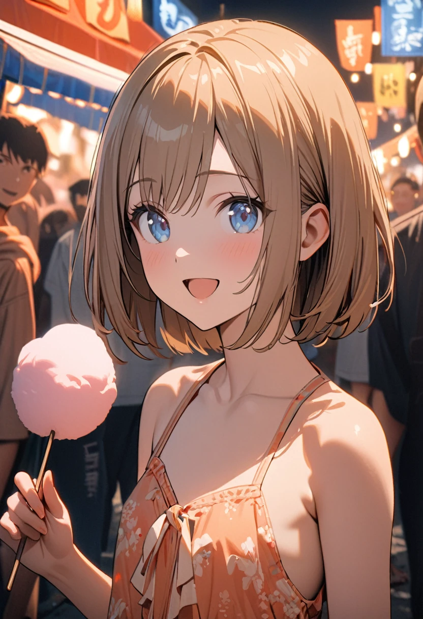 1 girl, 18yo, (flat chest: 1.5), blue eyes, light brown hair, bob cut, summer outfit, smile, open mouth, standing, upper body, (various pose:1.5), summer festival, holding cotton candy with stick, crowd, night, 8k, RAW photo, best quality, masterpiece, extremely detailed 8k wallpaper, ultra-detailed, best shadow, detailed background, beautiful detailed face, beautiful detailed eyes, nice hands, perfect hands