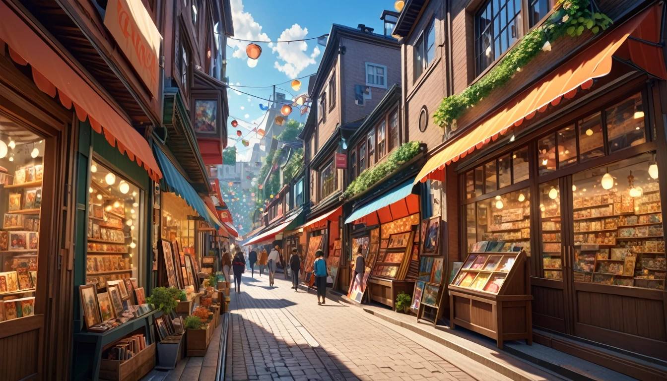 A vibrant anime-style street with many art galleries, intricate shop displays, dynamic perspective, dramatic lighting, vivid colors, (best quality,4k,8k,highres,masterpiece:1.2),ultra-detailed,(realistic,photorealistic,photo-realistic:1.37),studio lighting,ultra-fine painting,sharp focus,physically-based rendering,extreme detail description,professional,vivid colors,bokeh,