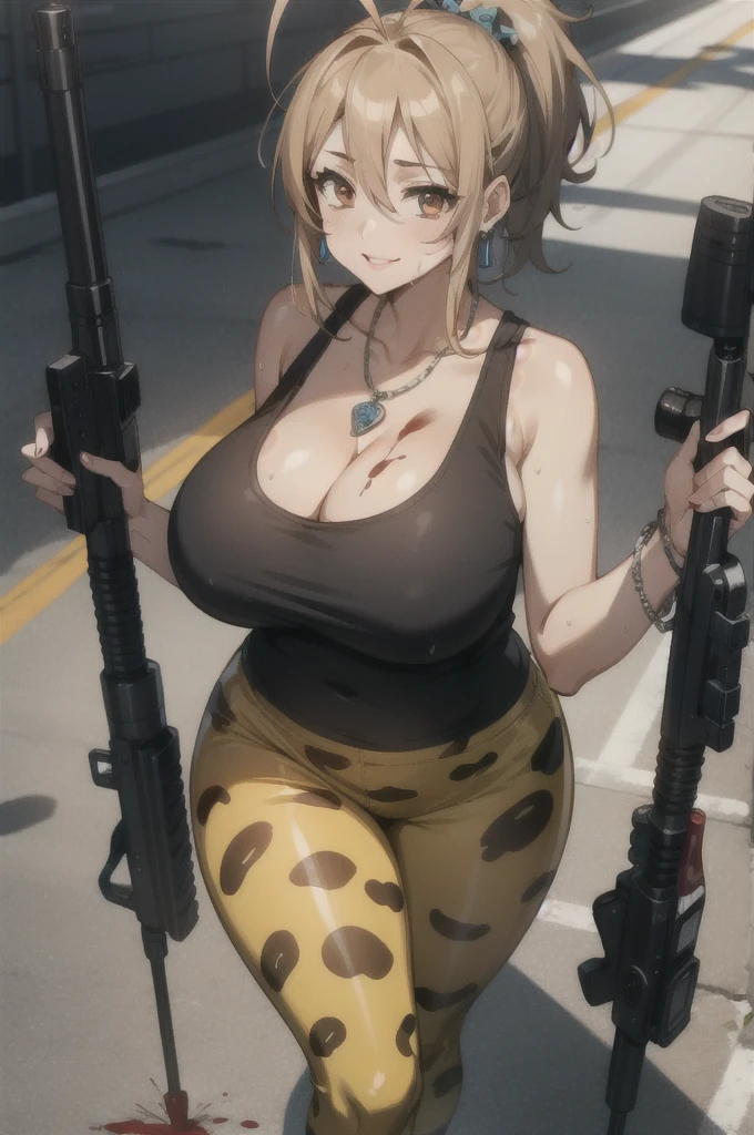 tall body, tall, long legs, mature female, mature, adult, Zombie apocalyspe background, Sniper rifle
 eft_hotd_orange, 1girl, solo, brown hair, brown eyes, , skirt, antenna hair, long wavy hair, breasts, enormous large breasts, ponytail, long hair, big cleavage, worn out Black tank top with cleavage, lowrise leopard print legging,Plump, Half eyes expression, Hoopa earring, silver chain tag necklace, big Hoopa bracelet, Long nail, Red lips,Eyeliner,smile,Carrying snioer rifle, Sweat, a bit blood in face,leopard print legging, earPierce, Thick lips