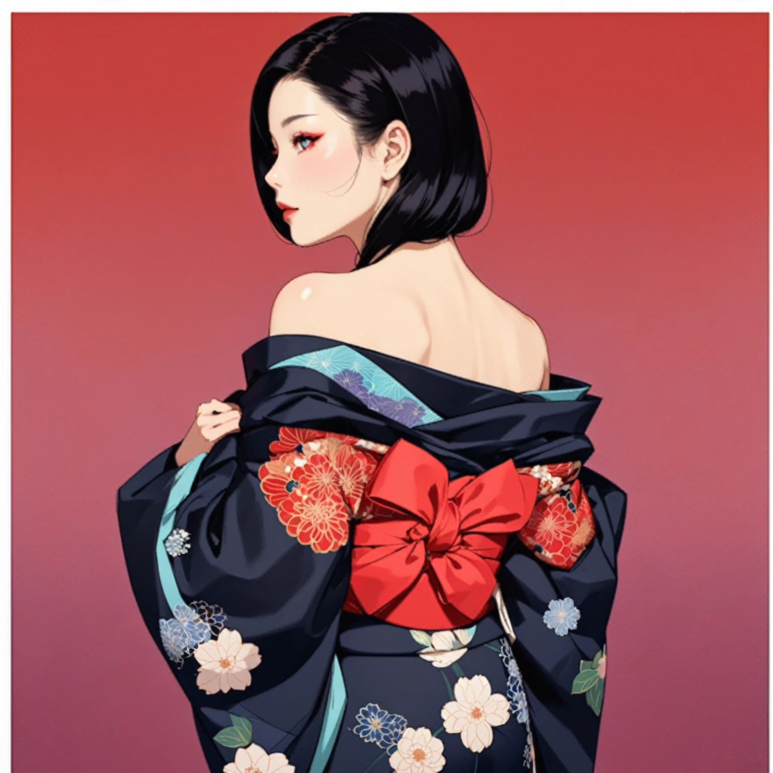 arafed image of a woman in a kimono with a red bow, inspired by Itō Shinsui, a beautiful artwork illustration, in kimono, in a kimono, japanese kimono, exquisite digital illustration, japanese art style, elegant japanese woman, wearing kimono, kimono, highly detailed kimono, beautiful digital artwork, japanese woman, beautiful digital illustration, japanese illustrator