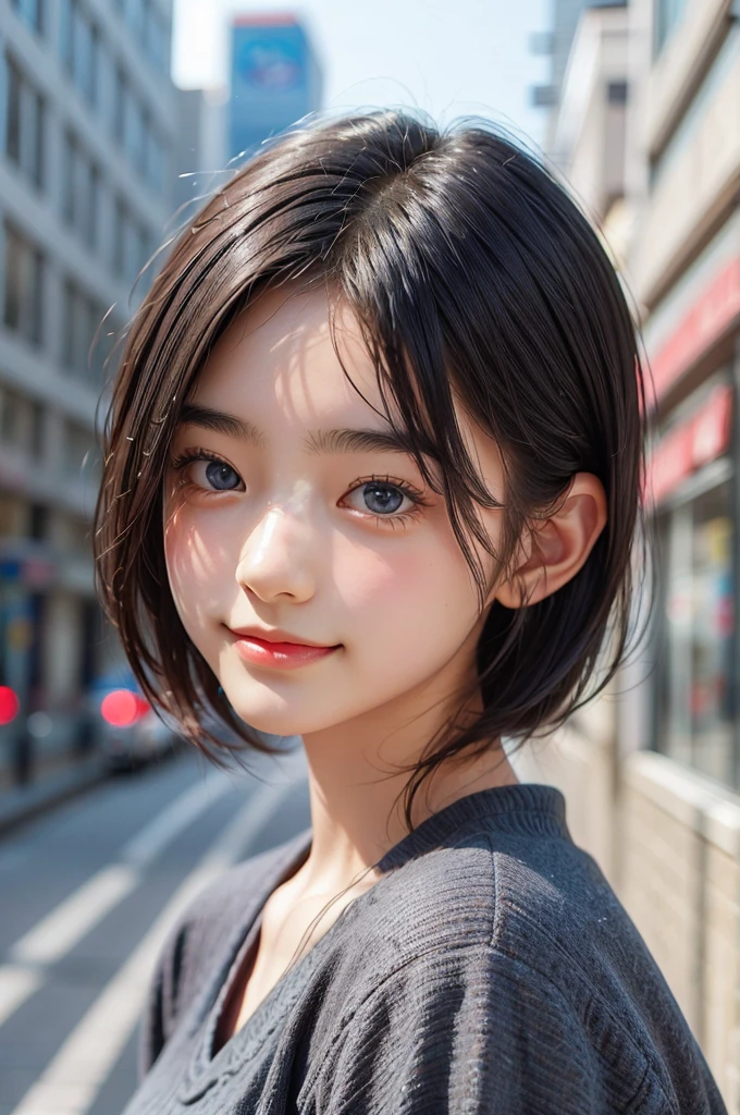 (Masterpiece, BestQuality:1.2), (hyperrealistic), (8k,Photorealistic), (realistic),girl standing street,shibuya tokyo,streetsnap,BREAK (Latest Japanese fashion for teens in 2024,),whole body,BREAK (16yo,detailed face,(darkblue hair, wavy-short hair),middle thick eyebrows,eyes with large irises,middle small breasts,small nose, fresh lips),beautiful lighting, volumetric lighting, dynamic angle, looking at viewer, (photographic portrait), sharp,BREAK (dynamic pose,smile)