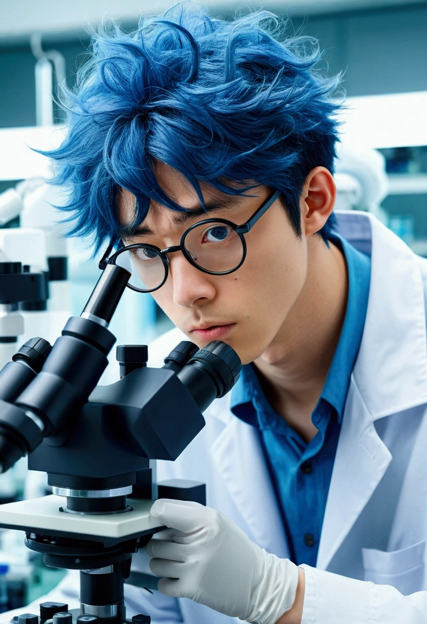 generate an anime style image of Akira, the blue hair, glasses-wearing studious boy observing cells under a microscope