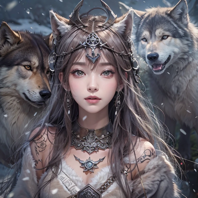 Lakeside surrounded by snowy mountains、Hair Flow、 ((Highest quality、masterpiece、8k、Best image quality、Ultra-high resolution、Award-winning works)、(Accurate anatomy:1.1)、(Look at me and smile:1.1)、Shining fair skin with Ultra-high resolution、The most detailed face、Ultra-high resolution detailed face、Ultra-high resolutionの髪の毛、(Ultra-high resolutionの煌めく瞳:1.1)、Beautiful face drawn in every detail、Ancient Viking clothing, Chest to chest, tattoo, A real wolf is by your side