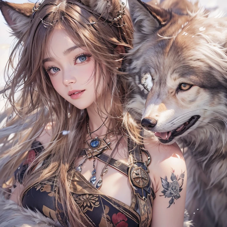 Lakeside surrounded by snowy mountains、Hair Flow、 ((Highest quality、masterpiece、8k、Best image quality、Ultra-high resolution、Award-winning works)、(Accurate anatomy:1.1)、(Look at me and smile:1.1)、Shining fair skin with Ultra-high resolution、The most detailed face、Ultra-high resolution detailed face、Ultra-high resolutionの髪の毛、(Ultra-high resolutionの煌めく瞳:1.1)、Beautiful face drawn in every detail、Ancient Viking clothing, Chest to chest, tattoo, A real wolf is by your side