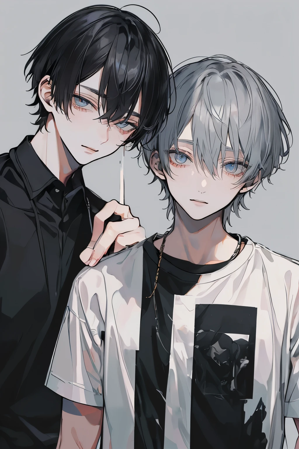(Mastepiece), (Best Quality), Very detailed, (((Two friendly men:1.5))), Perfect Face, Beautiful Face, Very detailedな顔,(Black-haired man:1.3),(Grey-haired man:1.3),T-Shirts、cigarette、alley