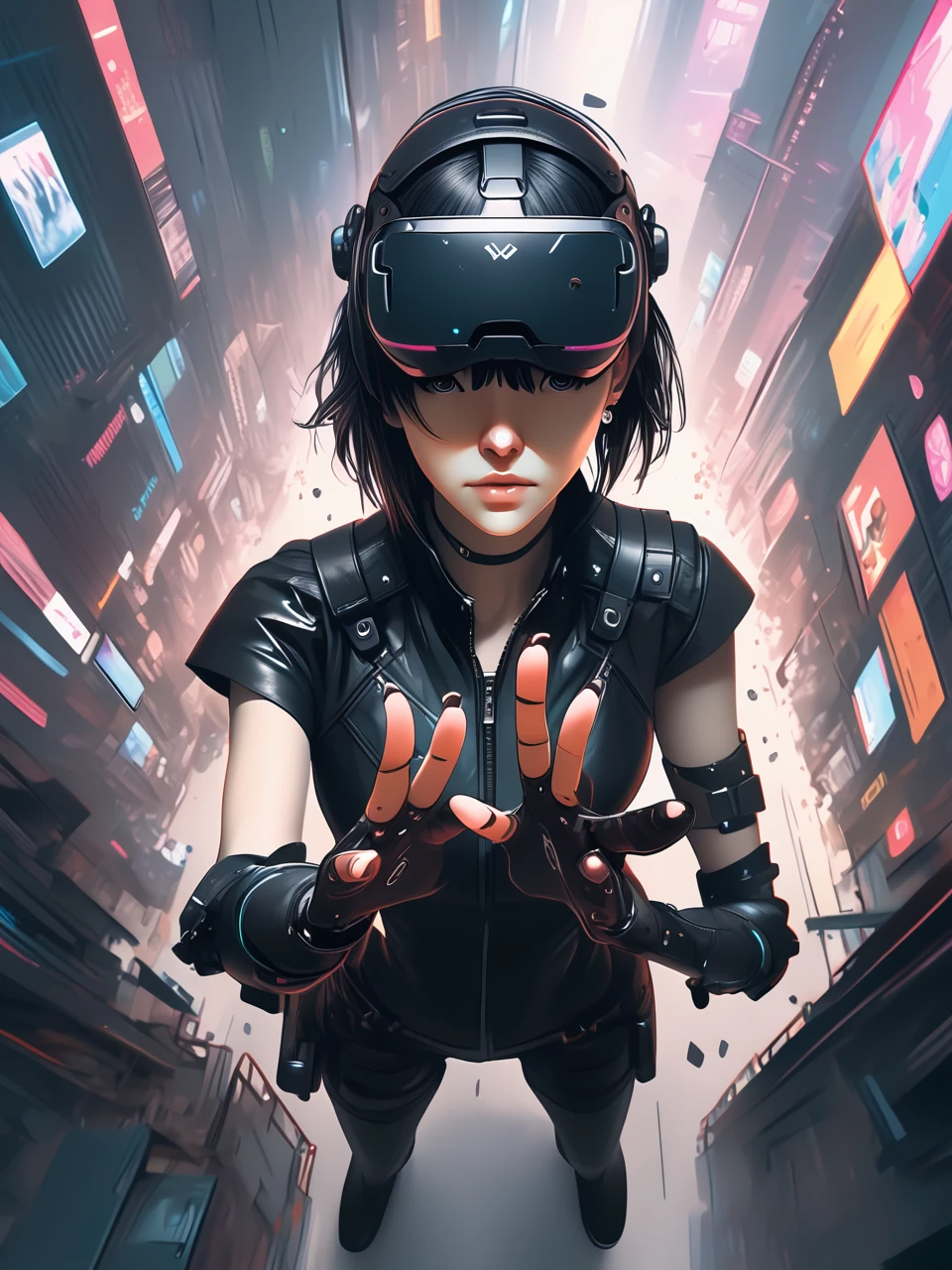 Overhead shot of a Woman in Black Cyberpunk leather, VR Headset, hand reaching out toward viewer