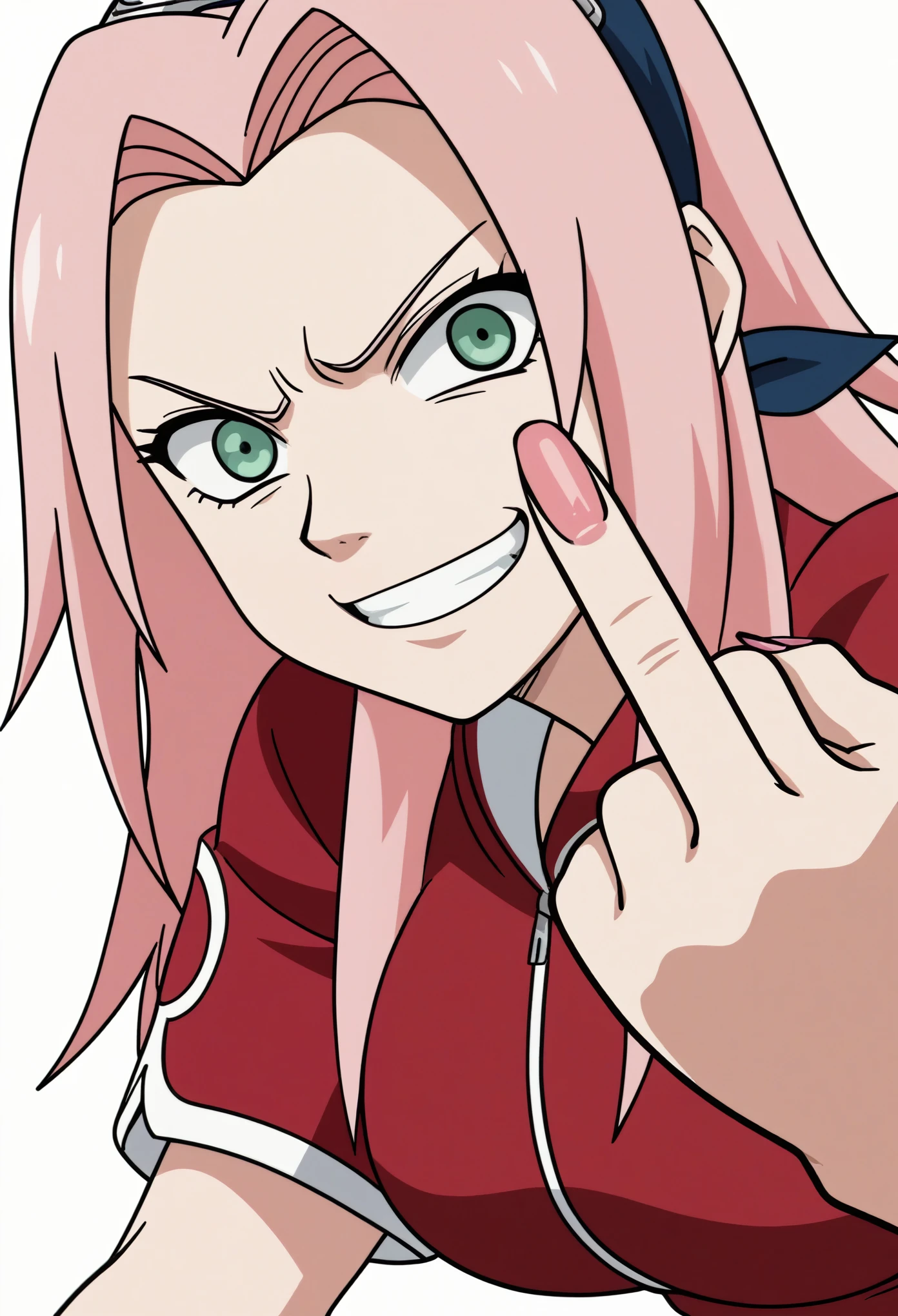 score_9, score_8_up, score_7_up, score_6_up, score_5_up, score_4_up, BREAK, source_anime, 1girl, haruno sakura, pink hair, long hair, green eyes, red shirt, red qipao, short sleeves, giving the middle finger with one hand, smile, upper body, looking at viewer, solo, simple background, white background, anime screencap, anime coloring, evil expression, evil smirk, showing teeth, very evil facial expression, big breasts, side angle POV, show full body, huge breasts, red heels, fishnets, full body POV, evil yet attractive face, eyes looking to the left, pink nails
