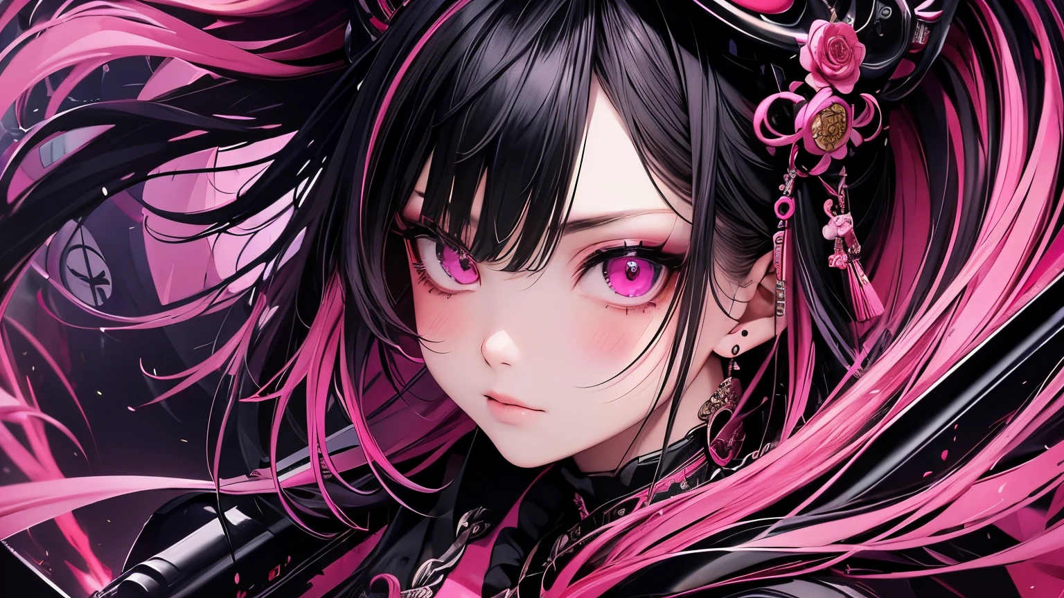 (masterpiece), Highest quality, Ultra-high resolution,Devil with a black ribbon、Pink Hair、Deep pink eyes、Black clothing、kimono、punk、Confident expression、Black boots、Oiran、Wind、gun、cyber-、Face close-up