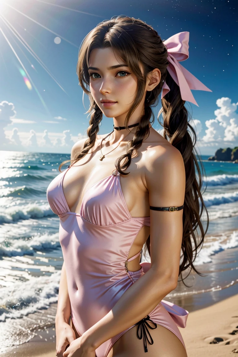 
Aerith,FF7, Long Hair, bangs, Brown Hair, bow, ribbon, jewelry, Green Eyes,  hair ピンクribbon, Braiding, hair bow, Side Lock, choker, necklace, lips, parted bangs, pink bow, Portraiture, Realistic,Super high quality,high quality,masterpiece,Digital SLR,Detailed explanation,Exquisite details,Anatomical basis,Detailed Description,Detailed face,Realistic skin texture,Sharp details,Perfect Anatomy,Perfect Anatomy,Anatomically correct hand,Anatomically correct fingers,Super Detail,Complex 3D rendering,Sexy pose,The beautiful world of Final Fantasy 7,Pink ruffled swimsuit,Wet,night,美しいnight空,A beach with a beautiful starry sky,shooting star,Fantastic beaches,Fantasy worldview,Picturesque,Pink Lips,smile,