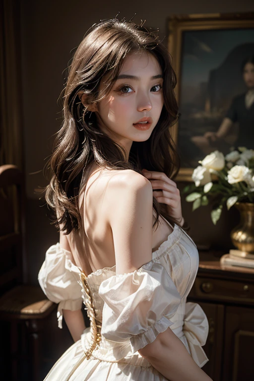 masterpiece、8k、32K、Highest quality、(fine grain)、(Cute Japanese Woman、prohibit)、18-year-old、One Girl、elegant、(Detailed background depiction)、look back、Hilarious, steampunk、clear、There are also blue roses