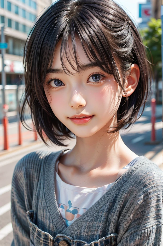 (Masterpiece, BestQuality:1.2), (hyperrealistic), (8k,Photorealistic), (realistic),girl standing street,shibuya tokyo,streetsnap,BREAK (Latest Japanese fashion for teens in 2024,),whole body,BREAK (yo,detailed face,(darkblue hair, wavy-short hair),middle thick eyebrows,eyes with large irises,middle small breasts,small nose, fresh lips),beautiful lighting, volumetric lighting, dynamic angle, looking at viewer, (photographic portrait), sharp,BREAK (wink,v-sign,smile)