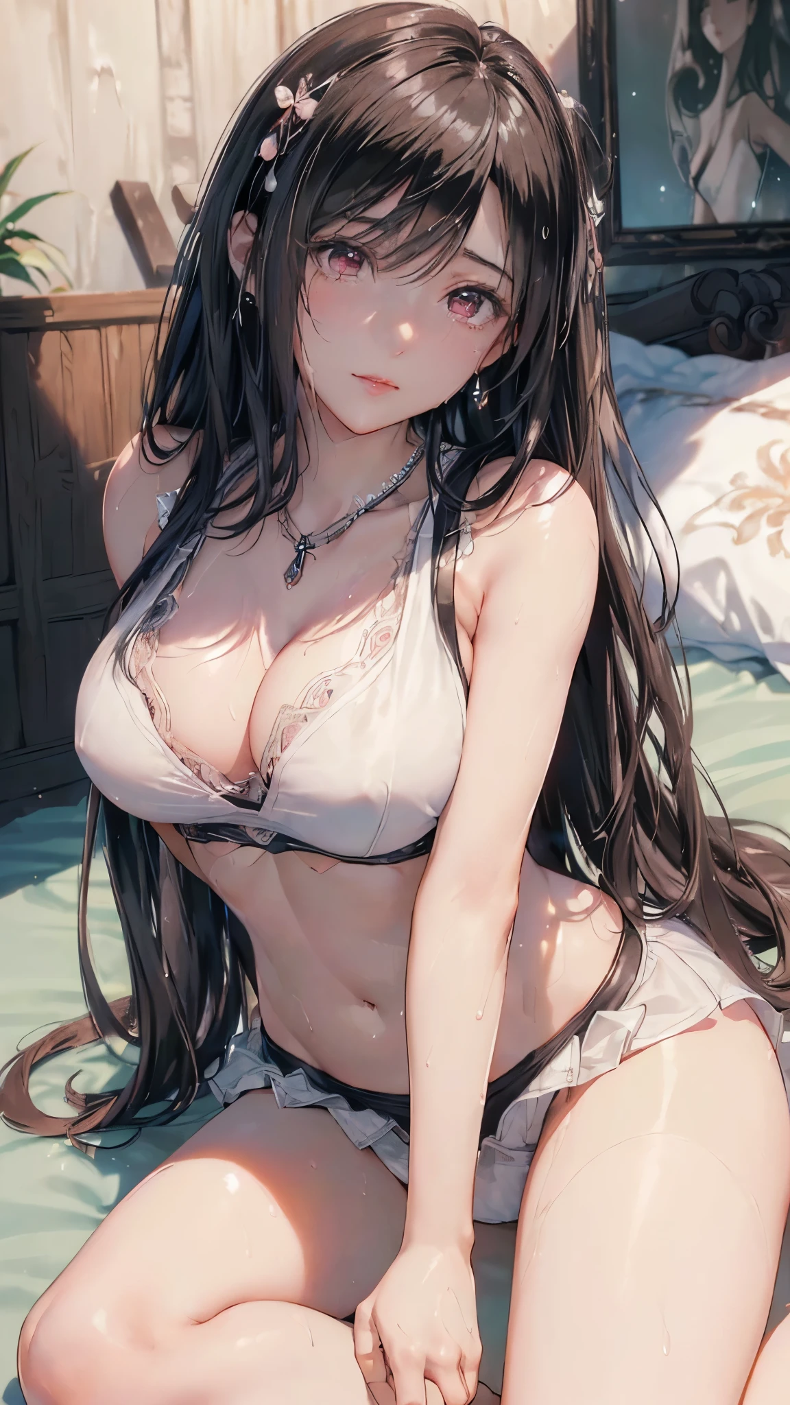 (masterpiece: 1.3), (Maximum resolution: 1.2), (Ultra High Definition TV: 1.2), Cinematic Light, 8k resolution, Detailed facial features , (Sharp focus: 1.2), (Focus on the face:1.2),Perfect Style, Beautiful Face, Acura, Anatomically correct, Two Arms、Tifa Lockhart, Highly detailed face and skin texture, Delicate and beautiful eyes, Glitter Eyeliner: 1 Natural Cheeks, Glowing Skin, Fair skin: 1.2, (Glossy Lips: 1.4),、 (Embarrassed look: 1.2),Highly detailed face and skin texture, The hair is very detailed.、Natural Cheeks, , Glossy Lips: 1.4,Perfect Style、Delicate depiction of hair、The whole body gets wet、Wet underwear、Cleavage、Soft Breasts、(Sperm in the breasts:1.4)(Sperm on thighs:1.4)、 blush、Glaring expression、A humiliating look、Anxious expression、A look of humiliation、Embarrassed look、anger、sorrow、tears、Open your knees、Spread your legs、White bra、Sparkly little earrings and necklace、Disheveled clothes、White panties、sweating、Black Stockings、 (1 girl), Red eyes, Black Hair, Long Hair, Professional Lighting, (Glowing Skin: 1.2), Shiny big, ((Highest quality)), Sharp focus: 1.2, Highly detailed face and skin texture, Detailed eyes, Perfect Face, Perfect body, Blur Art, CG, Big Background , in front (28 years old, 成熟したクールでBeautiful Face), wear (Black skirt with suspenders), Black elbow gloves, White tight shirt, thigh, White tank top),Old ruins、Abandoned house、On the bed、(On my back, ベッドにLying down, ベッドにLying downいる, Lying down, White sheets:1.6)、