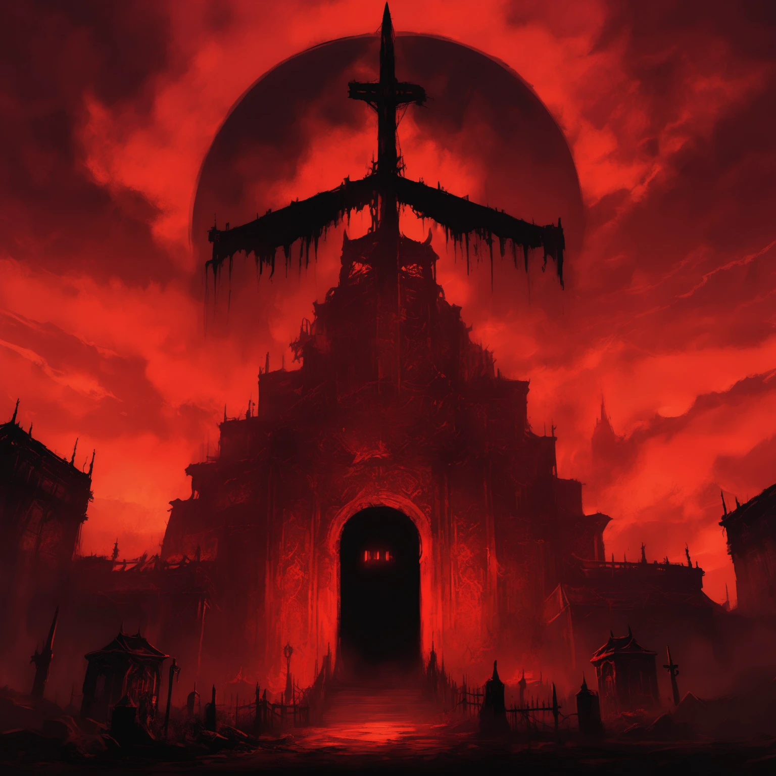 there is a red sky with a tower in the middle, blood temple, silent hill concept art, evil lair, eerie nostalgic concept art, portal to hell, background artwork, concept art, concept art, darkest dungeon art style, diablo concept art, rusted silent hill, concept artwork, diablo digital concept art, malevolent shrine, background art, doom eternal concept art