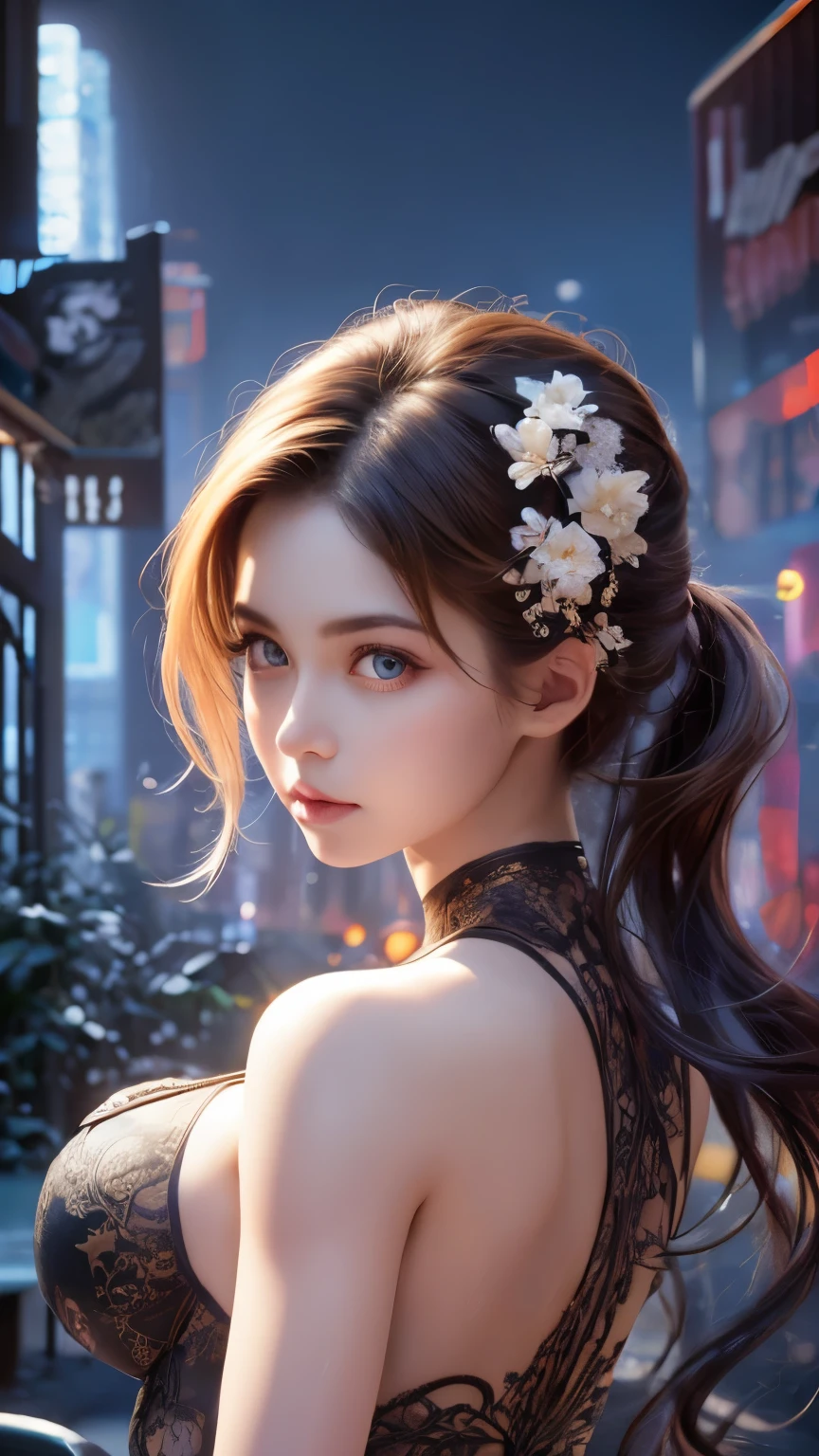 A close-up head and chest portrait of a pretty and cute girl, topless, vulgar tight breast, ripe breast, full naked, tattoos, show off armpits, cute appearance. The highly detailed digital rendering captures every aspect of her beauty, from her delicate features to the intricate. tattoos Full body punk girl, bald side hair, with crowds of gank on behind, city background
