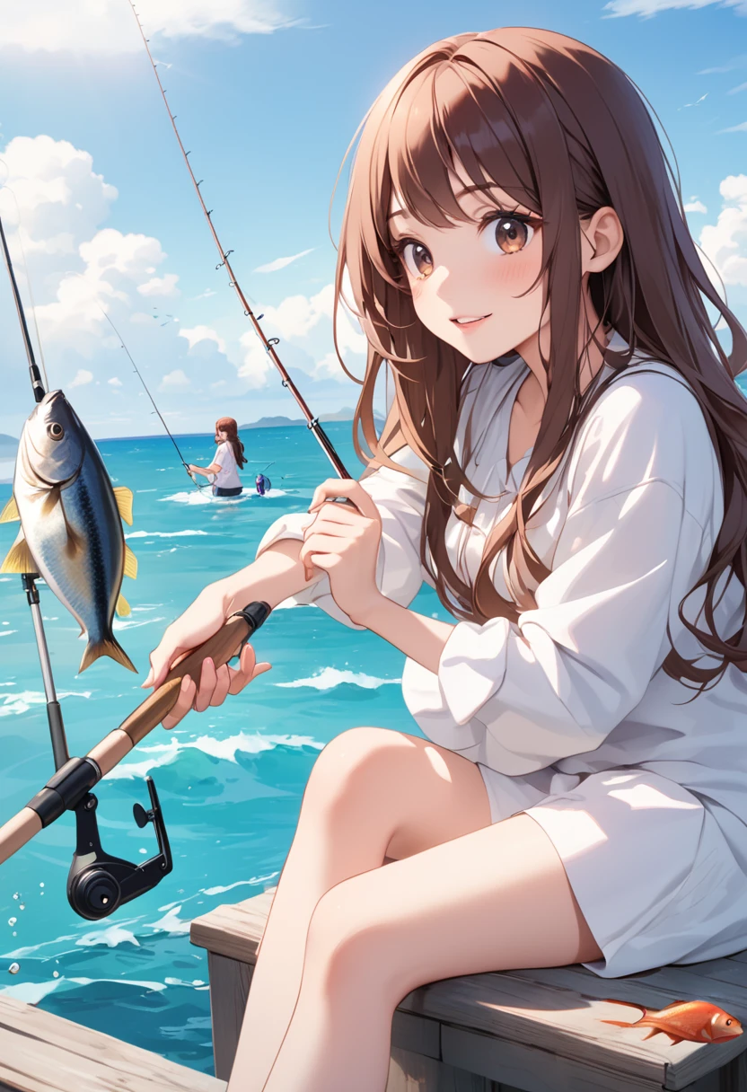 woman,,20th Generation,cute,Long Hair,Brown Hair,fishing,fish,Ocean,