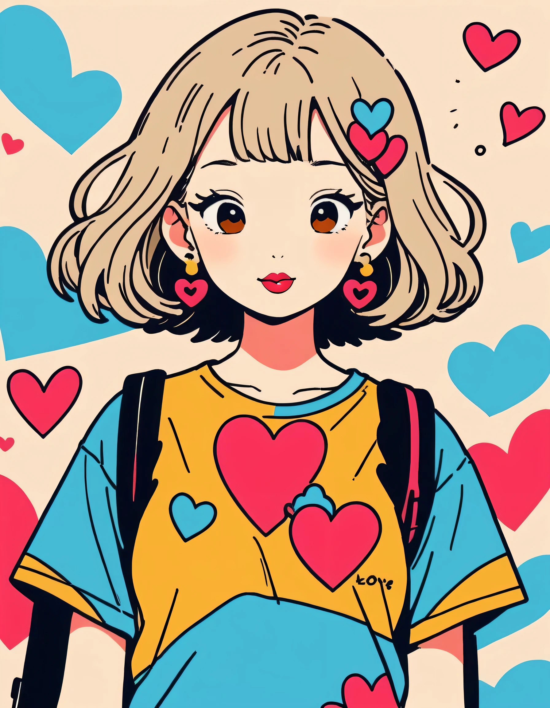 Keith Haring colorful style, Simple Line Initialism，Abstract art，Urban Background, (((The most beautiful girl of all time))), Sweet face. Lips in love, colorful hearts, stylish design, 夏のオシャレなTシャツ, 黒い瞳