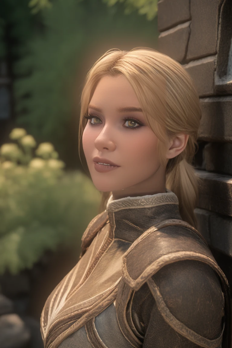 1 girl, masterpiece, 32 yo, female breton beauty sits outdoors in a rustic Skyrim village, surrounded by thatched roofs and lush greenery. The sun casts a warm glow on her porcelain skin as she gazes directly into the camera lens, her piercing green eyes sparkling with a hint of mischief. Her raven tresses cascade down her back like a waterfall, framing her heart-shaped face. A gentle smile plays on her lips, inviting the viewer to step into her whimsical world. blonde hair, fit body, Skyrim style, (female front view:1.3), looking at the viewer.,wearing light armor, female breton