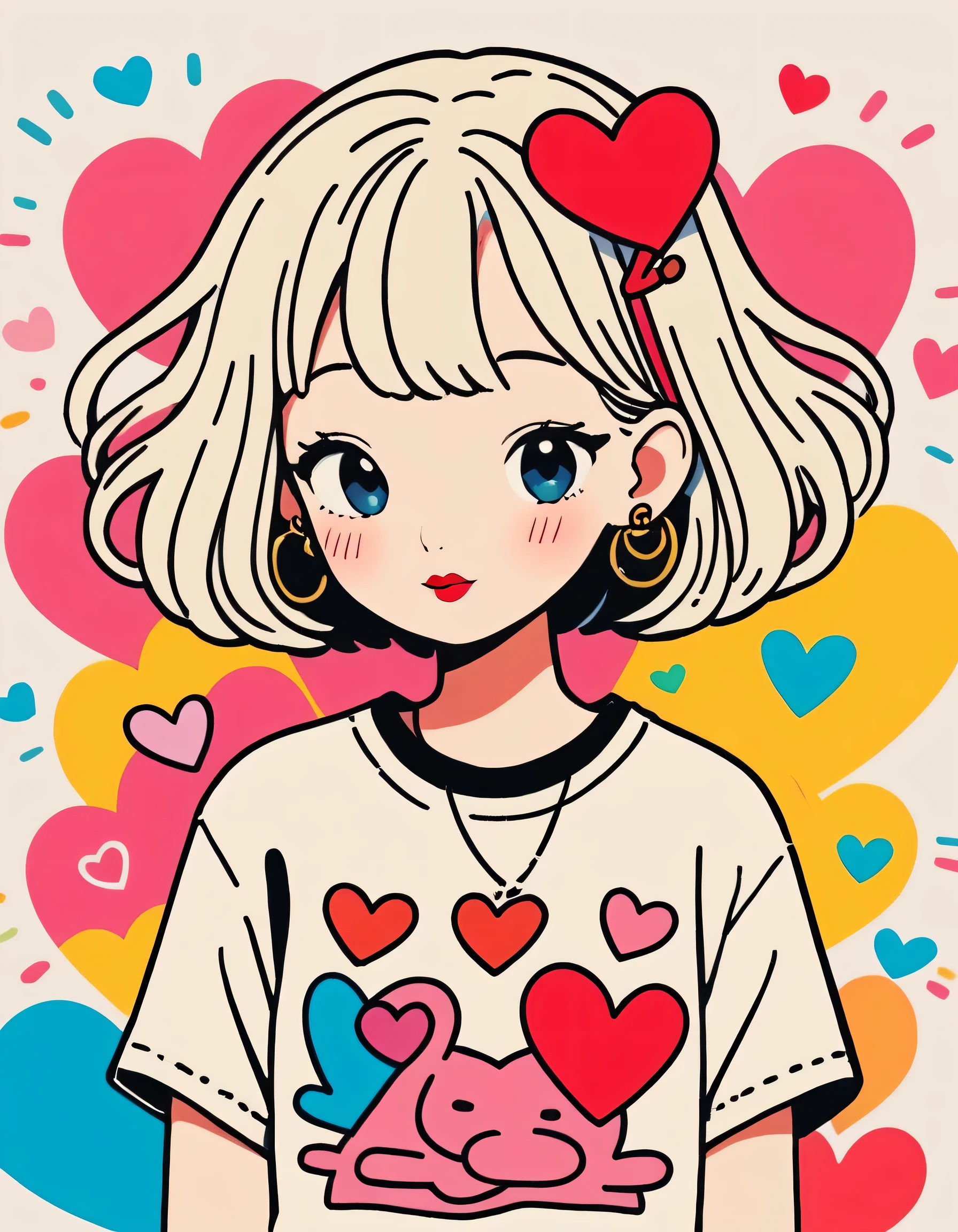 Keith Haring colorful style, Simple Line Initialism，Abstract art，Urban Background, (((The most beautiful girl of all time))), Sweet face. Lips in love, colorful hearts, stylish design, 夏のオシャレなTシャツ, 黒い瞳