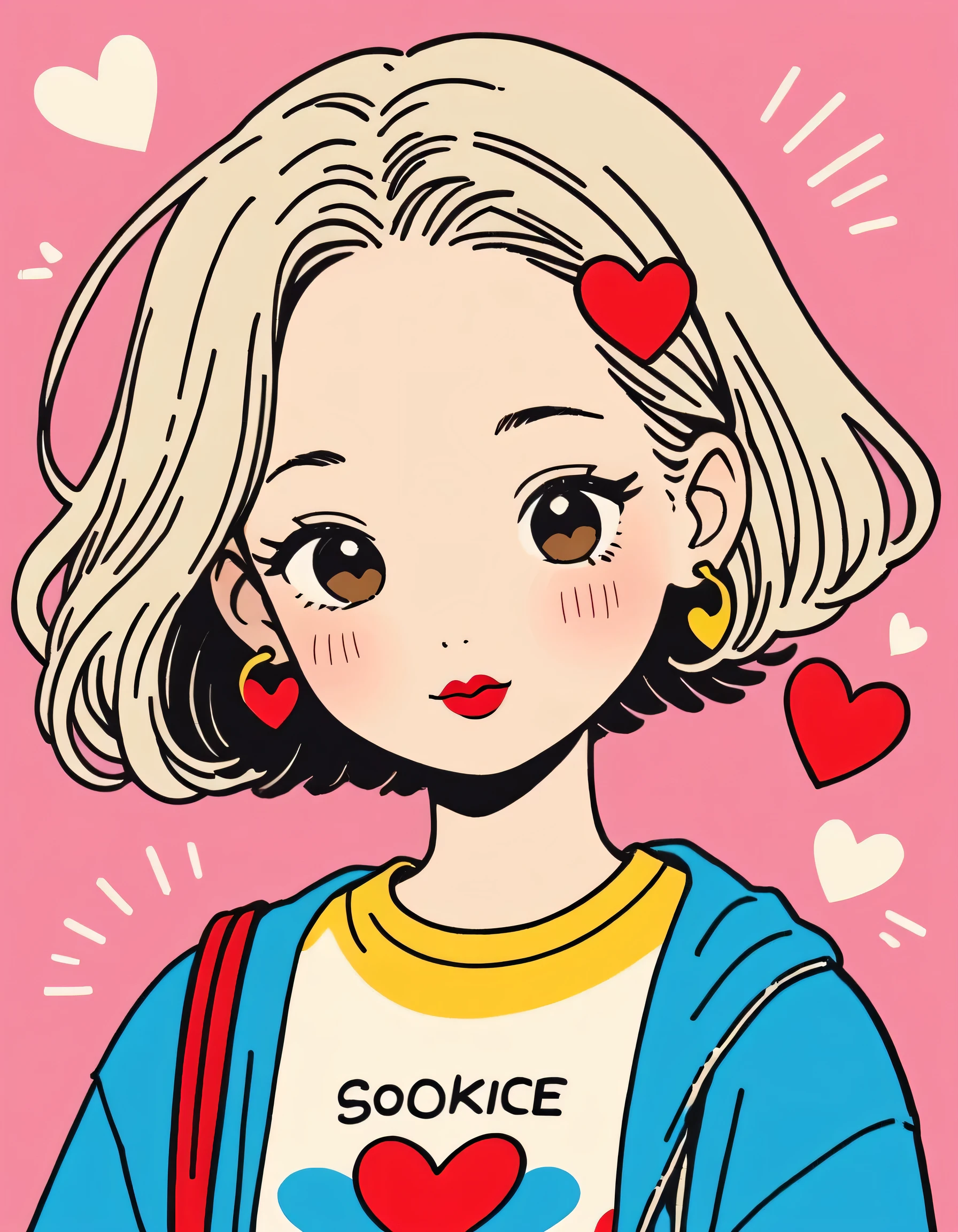 Keith Haring colorful style, Simple Line Initialism，Abstract art，Urban Background, (((The most beautiful girl of all time))), Sweet face. Lips in love, colorful hearts, stylish design, 夏のオシャレなTシャツ, 黒い瞳