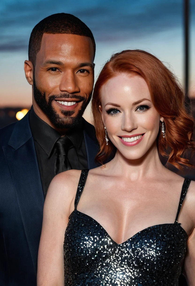 Pornographic actress and model Kendra James and a handsome African American male whose facial features are a combo of Isaiah Mustafa + Omari Hardwick enjoy an evening stroll. Kendra is a beautiful Caucasian female with red hair. Both are smiling. Both are dressed attractively for a night on the town. Kendra wears a sparkly black dress. Kendra has lovely makeup on her face. Nighttime. Romantic ambiance. Symmetrical eyes. Symmetrical faces. Lovely details. Photorealistic. Full-colored photo. Professional photo. Highly detailed 8K.