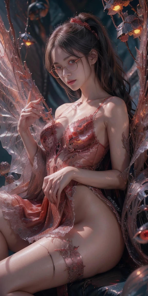 (The best illustrations)、realisitic、ultra-detailliert、The best lighting、Best Shadows、alluring succubus, ethereal beauty, perched on a cloud, (fantasy illustration:1.3), enchanting gaze, captivating pose, delicate wings, otherworldly charm, mystical sky, (Luis Royo:1.2), (Yoshitaka Amano:1.1), Dungeon and Dragon、caves、Dungeon、 A Necromancer、natta、Dark style、Succubus、Devil's Daughter、Bat Wings，(((Demon Hornlack-rimmed round glasses))))、(red eyes glowing:1.6)、​beautiful countenance、Tindall Effect、(High Detail Skins:1.2) absurderes、Ponytail distortion、jewely、Beautiful expression、Toned waist、Wide buttocks、Tindall Effectmasuter piece、top-quality、Highest Standards、Top image quality、masutepiece、intricate detailes、High resolution、Depth Field、natural soft light、profetional lighting、Great smile、(High Detail Skin: 1.2)、photorealistic anime girl render、Strong highlights of the eyes、Perfect Anatomy、crotch open、Shy、Spreading your legs、Panties are visible、Skirt flipping、Body shiny with oilerectile nipple))、8K resolution、intricate clothing、Intricate details、Panties visible through the skirt、Panties in full view、Small panties, pink nipple, pink pussy