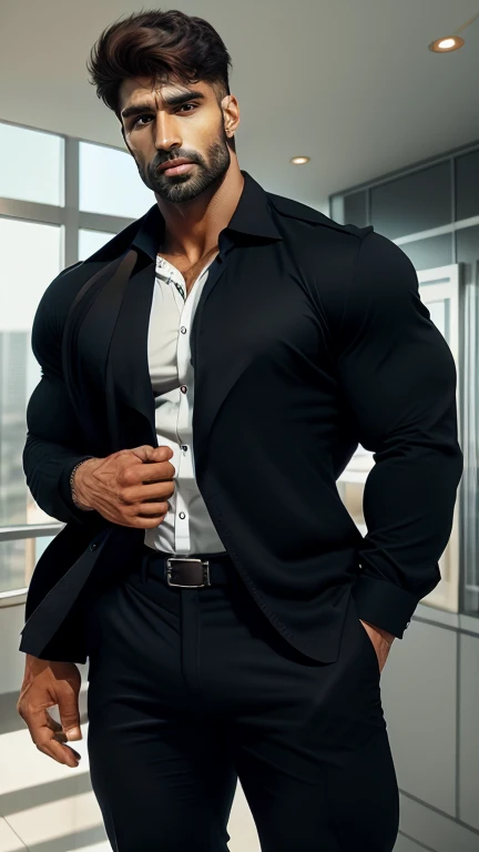 Create an ultra realistic a full body head to thighs image of an extremely attractive handsome 30 year old only beared man with spiky hairstyle exuding confidence and professionalism in his attire. he should have sharp features, mesmerizing hazel eyes, and a symmetrical face that radiates grace. The background should be dark. The man should be dressed in opened formalshirt with opened trouser. Capture the essence of his determination, intelligence, and poise, making him the epitome of a successful and empowered Indian man in the corporate world.