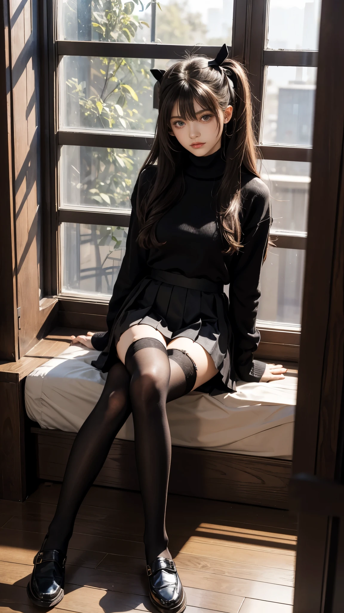 1girl,tohsaka rin,long hair,thighhighs,solo,skirt,black thighhighs,shoes,sitting,blue eyes,two side up,arm support,zettai ryouiki,black skirt,artist name,long sleeves,black hair,pleated skirt,indoors,bed,ribbon,hair ribbon,looking at viewer,turtleneck,shirt,brown hair,curtains,long legs,miniskirt,black footwear,sweater,leaning back,bangs,red sweater,sunlight,loafers,lips,window,