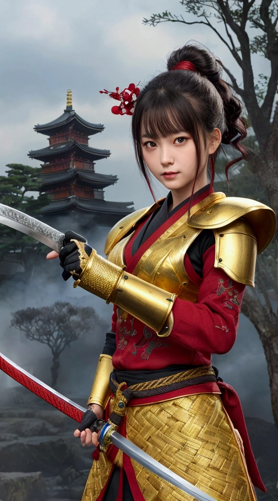 Highest quality、High resolution、Very detailed、Detailed Background20Beautiful cute girl of the year、Warrior、dragon tattoo on arm、Japanese sword(Blade length: 2 feet 4 inches、The painting is woven with red and black threads..、The tip is gold)、Japanese sword、Sharp eyes、enemy'Blood is flowing to my cheeks、In the woods、Armor from the Sengoku Period(Red and gold costume)、blonde、short hair、Realistic Face、Swing your sword down、Delicate eyes、Laugh a little、Like a fight scene in a live-action movie、On the cheeks、enemyWarriorの返り血、Burning castle in the background、Sparks fly、Japanese swordを両手で構える、