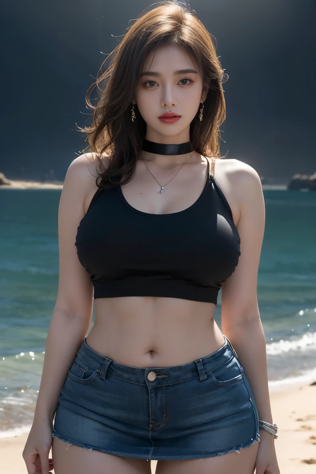 beautiful girl, black choker, necklace, crop tanktop, mini skirt, plump body, thick thighs, beach, detailed face, beautiful eyes, full lips, highly detailed, photorealistic, cinematic lighting, warm color tones, 8k, detailed skin texture, hyper realistic, masterpiece, professional photography