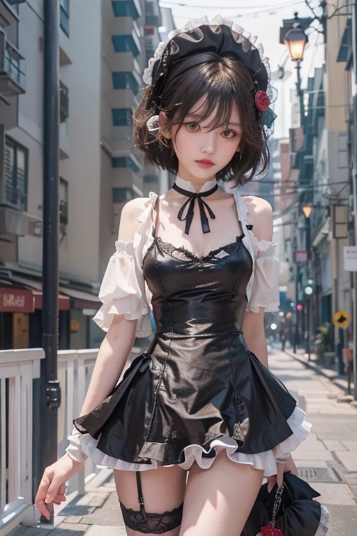 ((Upper Body))、((One Girl))、(20th Generation)、((Very short hair))、((Straight bangs))、((Black-haired))、(Take in the view)、Gothic Lolita、((Black maid outfit))、(Eye patch for left eye)、(Realistic:1.2)、In 8K、(High Quality Shadows)、Beautiful and delicate face、Beautiful and delicate eyes、Cute K-pop Idol、(The Face of Ulzan in Korea)、(Urzan-6500-v1.1:0.6)、Glowing Eyes、Perfect body、Natural color reproduction、((Strong light))、Bright red lipstick、(choker)、((Brown eyes))、Shiny Hair、Description of beautiful and delicate hair、(Glowing Skin)、(night)、Japanese、(dark alley between buildings)、Street lamp、Shoulder Bare、Small red rose tattoo on the décolletage、Just one tattoo