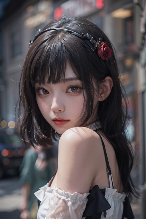 ((Upper Body))、((One Girl))、(20th Generation)、((Very short hair))、((Straight bangs))、((Black-haired))、(Take in the view)、Gothic Lolita、((Black maid outfit))、(Eye patch for left eye)、(Realistic:1.2)、In 8K、(High Quality Shadows)、Beautiful and delicate face、Beautiful and delicate eyes、Cute K-pop Idol、(The Face of Ulzan in Korea)、(Urzan-6500-v1.1:0.6)、Glowing Eyes、Perfect body、Natural color reproduction、((Strong light))、Bright red lipstick、(choker)、((Brown eyes))、Shiny Hair、Description of beautiful and delicate hair、(Glowing Skin)、(night)、Japanese、(dark alley between buildings)、Street lamp、Shoulder Bare、Small red rose tattoo on the décolletage、Just one tattoo