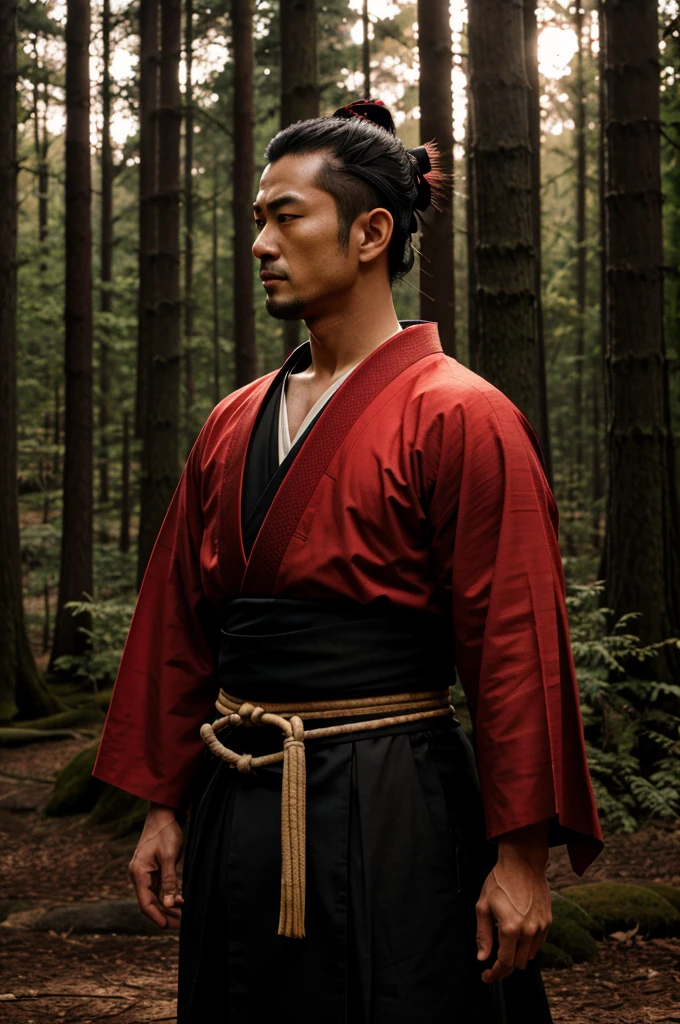 A samurai in woods background glowing with red