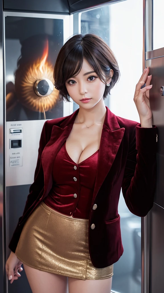 RAW Photos, 1 girl, Unbelievably absurd, 30 years old, beautiful girl, (cute), (short hair), photo shoot, Realistic, Depth of written border, High resolution, Very detailedな, delicate, Very detailed, Very detailedな目と顔, Sharp pupils, Realistic Office Lady, Sharp focus, LED lighting, Eye and facial details, (Velvet Blazer), mini skirt, Cowboy shot full body, (Wind power increase:1.5), Camel Toe, Inside the elevator, A seductive gaze, Inner thighs, (A big bust that seems to burst), close, Perfect body
