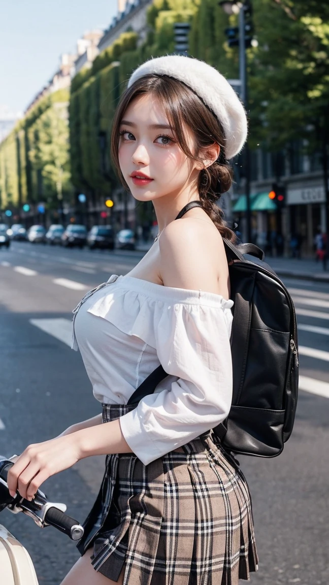 (masterpiece:1.2), light makeup, red lips, beautiful hair, (french braid:1.3), elegant, Very fine details, masterworks, authentic texture, cinematic lighting realism, perfect work, 16k, high resolution, exquisite features, brown eyes, (Ultra-high resolution eye:1.1), Japanese idol, beautiful face, (gentle smile like a goddess), attractive, (Beautiful,Moderately sized and firm, well-shaped breasts), beautiful cleavage, bright big eyes, smooth skin, earrings, necklace, (Riding a Vespa GTS through the Champs-Élysées:1.3)), ((artists work)), (Riding position), (White off-the-shoulder shirred blouse:1.3), BREAK, (Checked Pleated skirt:1.3), BREAK, (brown beret), Full-body, (Carrying a backpack filled with art supplies:1.2), from side view,