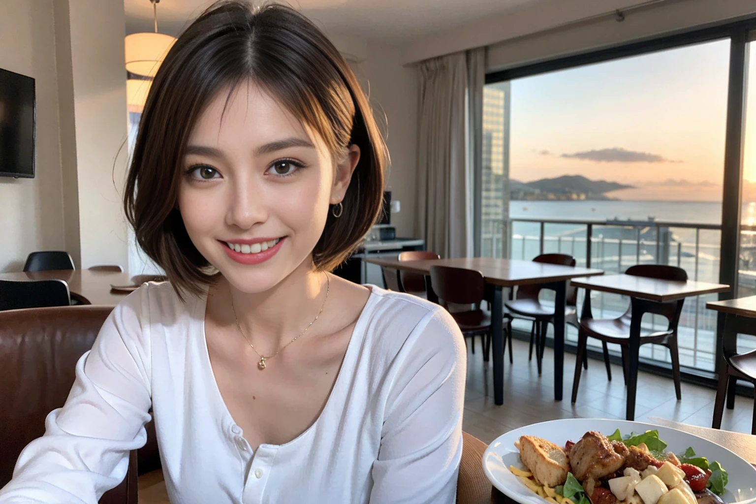 (Realistic:1.1),(masterpiece,Highest quality),8k,(40 years old), 42 years old, slimカップル、Model Couple、Actress/Actor、Tight waist,Upper Body,full-course dinner、wine 、Amazing view of the sunset sky and clouds、Perfect Anatomy, Brown Hair, Short Hair,Random Hairstyles,((Highly detailed face and eyes:1.2))(cute顔:1.4),Beautiful actress face,Perfect golden ratio face,Long sleeve shirt、dress,(smile:1.2)、Shortcuts、cute、(Realistic, Intricate details:1.2), A bright smile、short hair,Bright Face、赤wine 、Appetizers、Italian food、wine bottle、Champagne、スパークリングwine、(slimな顔), (The body is slim), (Brown Hair), (Shortcuts), Upper Body, 白wine, slim, wineグラス,