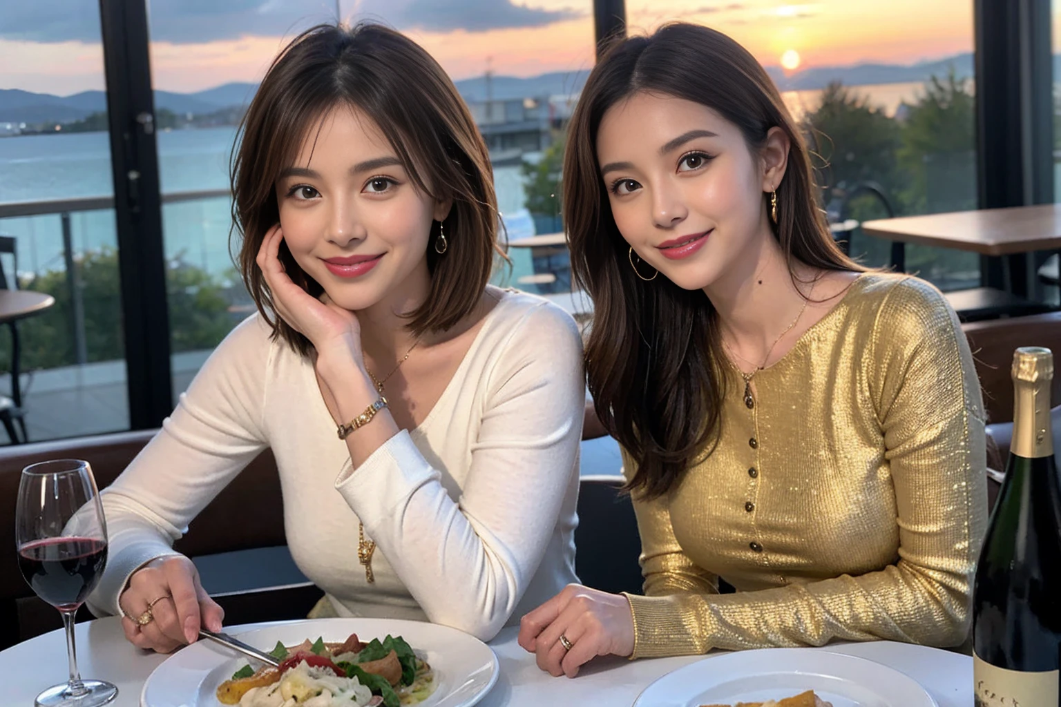(Realistic:1.1),(masterpiece,Highest quality),8k,(49 years old), 52 years old, slimカップル、actress/actor、Tight waist,Upper Body,full-course dinner、wine 、Amazing view of the sunset sky and clouds、Perfect Anatomy, Brown Hair, short hair,Random Hairstyles,((Highly detailed face and eyes:1.2)),Perfect golden ratio face,Long sleeve shirt、dress,(smile:1.2)、Shortcuts、cute、(Realistic, Intricate details:1.2), A bright smile、short hair,Bright Face、赤wine 、Appetizers、Italian food、wine bottle、Champagne、スパークリングwine、(slimな顔), (The body is slim), (Brown Hair), (Shortcuts), Upper Body, 白wine, slim, wineグラス,