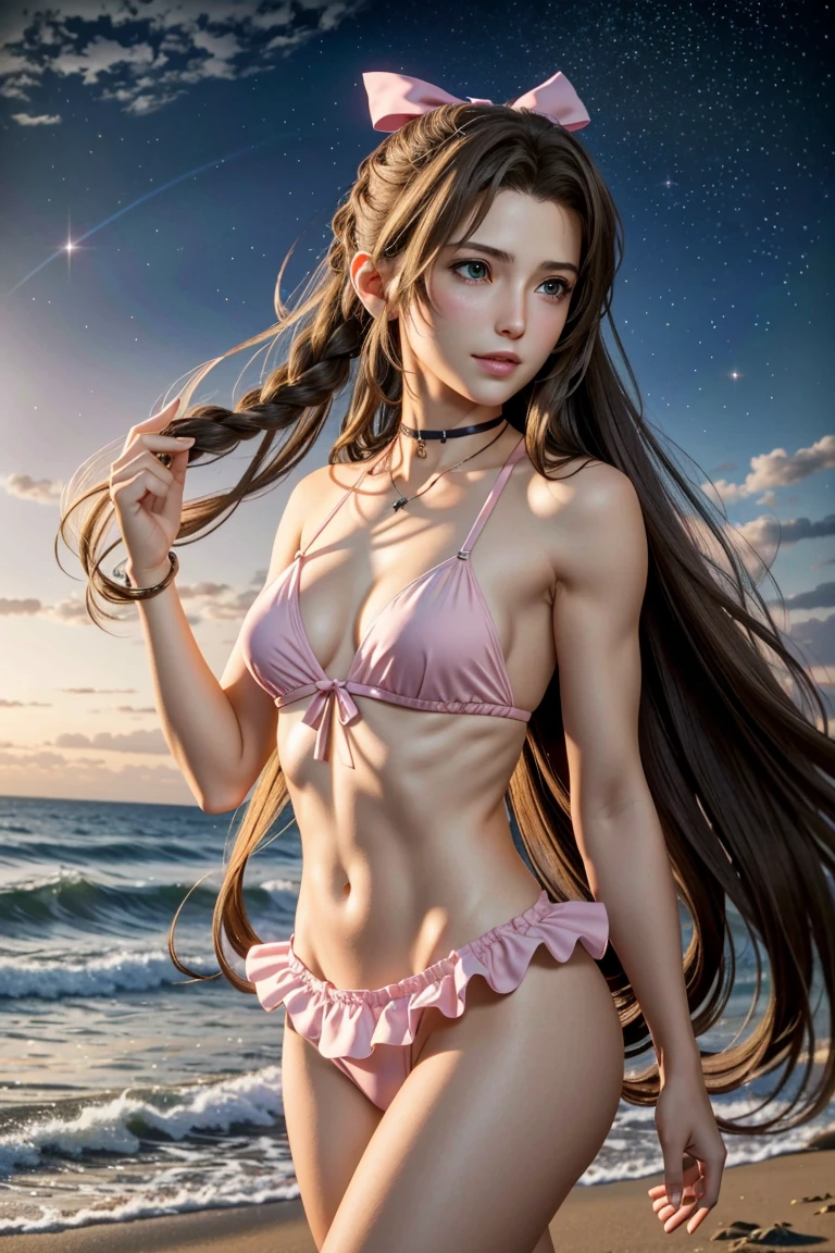 Aerith,FF7, Long Hair, bangs, Brown Hair, bow, ribbon, jewelry, Green Eyes, hair ピンクribbon, Braiding, hair bow, Side Lock, choker, necklace, lips, parted bangs, pink bow, Portraiture, Realistic,Super high quality,high quality,masterpiece,Digital SLR,Detailed explanation,Exquisite details,Anatomical basis,Detailed Description,Detailed face,Realistic skin texture,Sharp details,Perfect Anatomy,Perfect Anatomy,Anatomically correct hand,Anatomically correct fingers,Super Detail,Complex 3D rendering,Sexy pose,The beautiful world of Final Fantasy 7,Pink ruffled swimsuit,Wet,night,美しいnight空,A beach with a beautiful starry sky,shooting star,Fantastic beaches,Fantasy worldview,Picturesque,Pink Lips,smile,