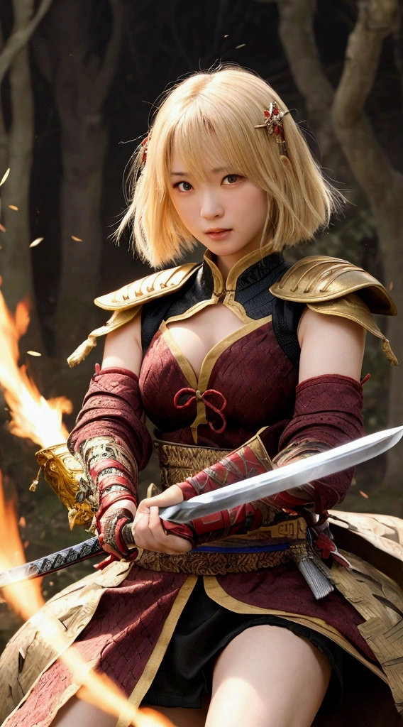 Highest quality、High resolution、Very detailed、Detailed Background20Beautiful cute girl of the year、Warrior、dragon tattoo on arm、Japanese sword(Blade length: 2 feet 4 inches、The painting is woven with red and black threads..、The tip is gold)、Japanese sword、Sharp eyes、enemy'Blood is flowing to my cheeks、In the woods、Armor from the Sengoku Period(Red and gold costume)、blonde、short hair、Realistic Face、Swing your sword down、Delicate eyes、Laugh a little、Like a fight scene in a live-action movie、On the cheeks、enemyWarriorの返り血、Burning castle in the background、Sparks fly、Japanese swordを両手で構える、
