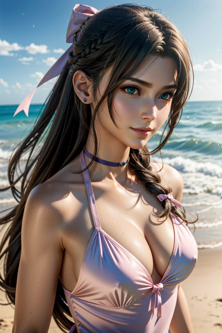 Aerith,FF7, Long Hair, bangs, Brown Hair, bow, ribbon, jewelry, Green Eyes, hair ピンクribbon, Braiding, hair bow, Side Lock, choker, necklace, lips, parted bangs, pink bow, Portraiture, Realistic,Super high quality,high quality,masterpiece,Digital SLR,Detailed explanation,Exquisite details,Anatomical basis,Detailed Description,Detailed face,Realistic skin texture,Sharp details,Perfect Anatomy,Perfect Anatomy,Anatomically correct hand,Anatomically correct fingers,Super Detail,Complex 3D rendering,Sexy pose,The beautiful world of Final Fantasy 7,Pink ruffled swimsuit,Wet,night,美しいnight空,A beach with a beautiful starry sky,shooting star,Fantastic beaches,Fantasy worldview,Picturesque,Pink Lips,smile,