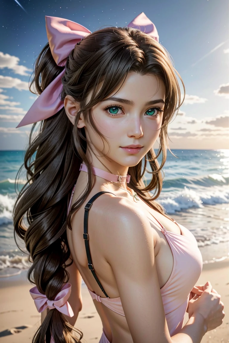 
Aerith,FF7, Long Hair, bangs, Brown Hair, bow, ribbon, jewelry, Green Eyes,  hair ピンクribbon, Braiding, hair bow, Side Lock, choker, necklace, lips, parted bangs, pink bow, Portraiture, Realistic,Super high quality,high quality,masterpiece,Digital SLR,Detailed explanation,Exquisite details,Anatomical basis,Detailed Description,Detailed face,Realistic skin texture,Sharp details,Perfect Anatomy,Perfect Anatomy,Anatomically correct hand,Anatomically correct fingers,Super Detail,Complex 3D rendering,Sexy pose,The beautiful world of Final Fantasy 7,Pink ruffled swimsuit,Wet,night,美しいnight空,A beach with a beautiful starry sky,shooting star,Fantastic beaches,Fantasy worldview,Picturesque,Pink Lips,smile,